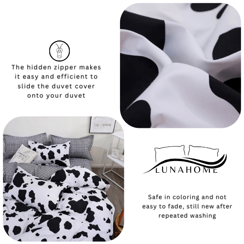 Single 4 - piece reversible duvet cover set showcasing a charming black and white cow pattern. - BusDeals