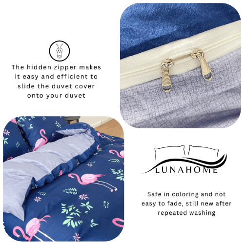 Single size, 4 - piece beautiful pink flamingo design in a lovely shade of blue. - BusDeals