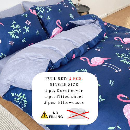 Single size, 4 - piece beautiful pink flamingo design in a lovely shade of blue. - BusDeals