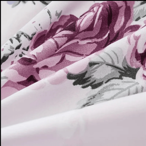 Single size 4 piece bedding set, white bed linen with purple floral pattern. - BusDeals