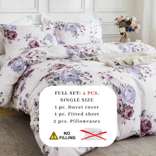 Single size 4 piece bedding set, white bed linen with purple floral pattern. - BusDeals