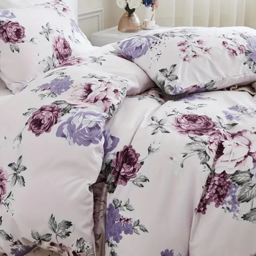 Single size 4 piece bedding set, white bed linen with purple floral pattern. - BusDeals