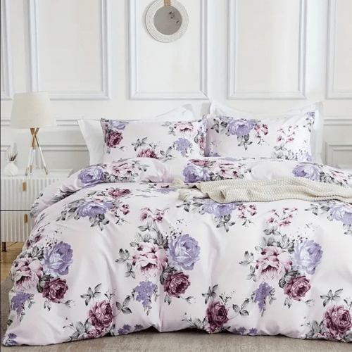 Single size 4 piece bedding set, white bed linen with purple floral pattern. - BusDeals