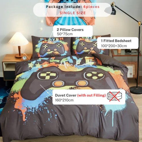 Single size 4 piece bedding set with duvet cover 3D Dark Grey color. - BusDeals