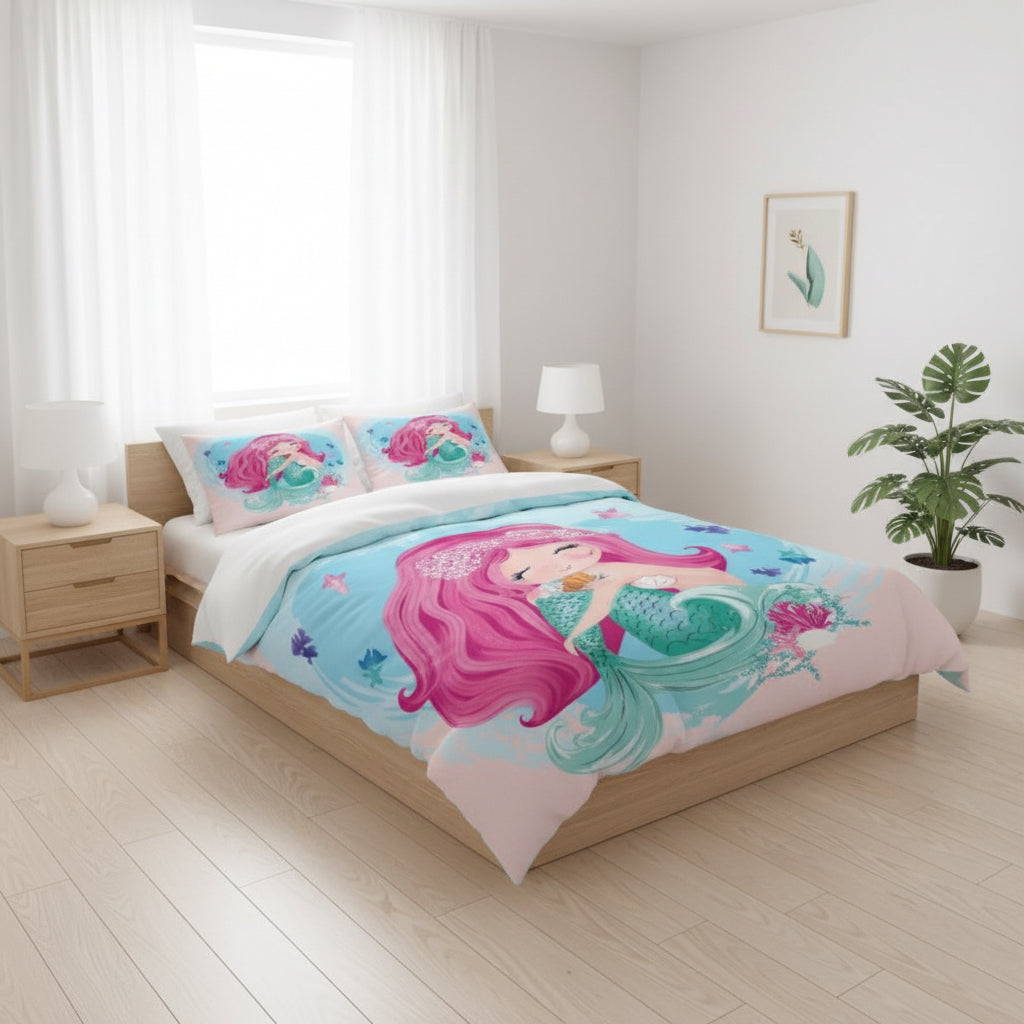 Single size 4 piece bedding set with duvet cover 3D mermaid design. - BusDeals