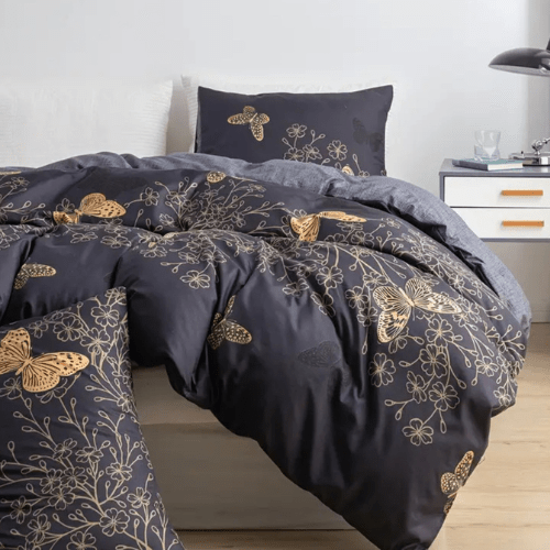 Single size 4 piece reversible butterfly design in brown and grey. - BusDeals