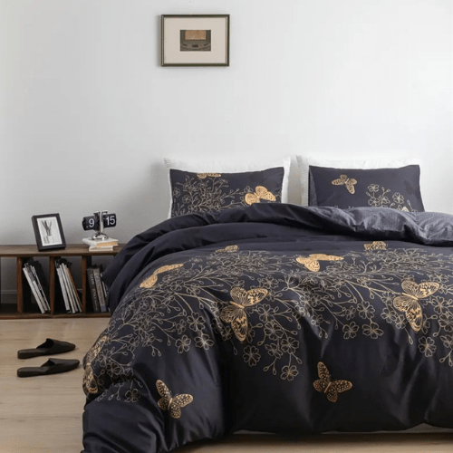 Single size 4 piece reversible butterfly design in brown and grey. - BusDeals