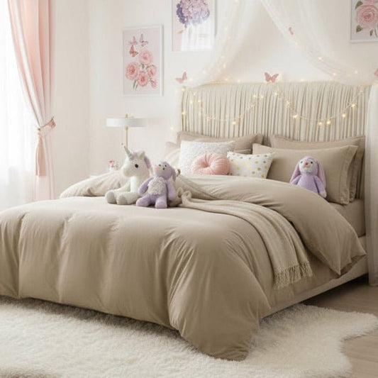 Single size 4 pieces bedding set, Washable Cotton Beige Color. - BusDeals