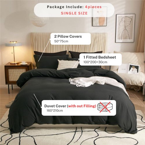 Single size 4 pieces bedding set, Washable Cotton Black Color. - BusDeals
