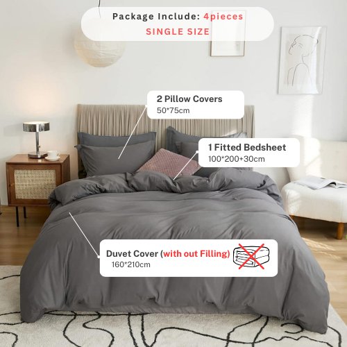 Single Size 4 Pieces Bedding Set, Washable Cotton Dark Gray Color. - BusDeals