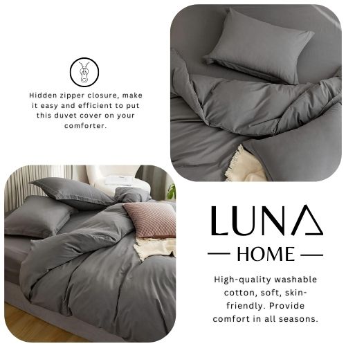 Single Size 4 Pieces Bedding Set, Washable Cotton Dark Gray Color. - BusDeals