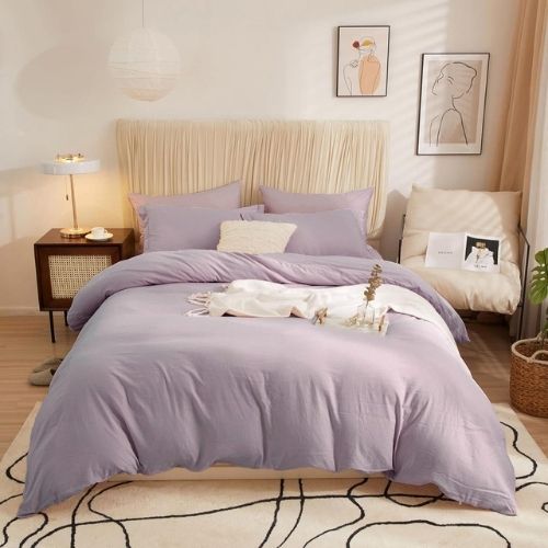 Single Size 4 Pieces Bedding set, Washable Cotton Lavender Purple Color. - BusDeals