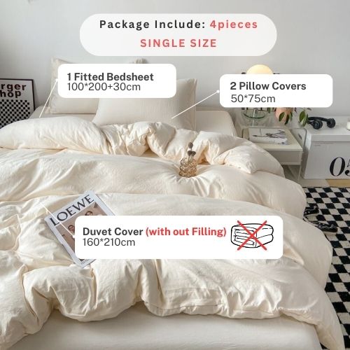 Single size 4 pieces bedding set, Washable Cotton Milky White Color. - BusDeals