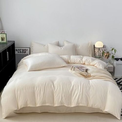 Single size 4 pieces bedding set, Washable Cotton Milky White Color. - BusDeals