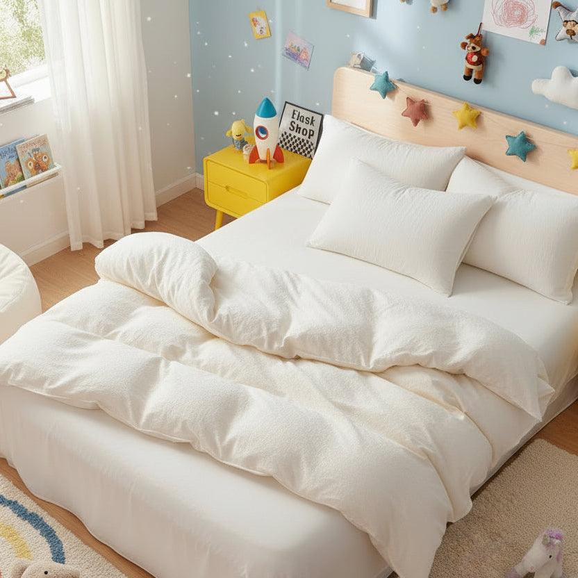 Single size 4 pieces bedding set, Washable Cotton Milky White Color. - BusDeals