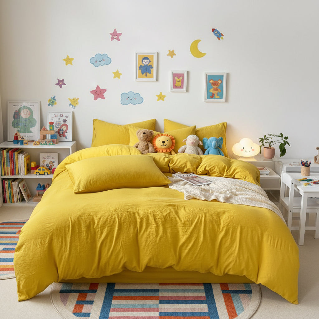 Single size 4 pieces bedding set, Washable Cotton Yellow Color. - BusDeals