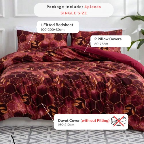 Single Size 4 pieces, Maroon Marble Design Duvet cover set. - BusDeals