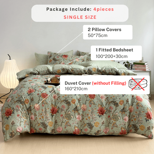 Single Size 4 Pieces, Reversible Style Duvet Cover Set, Roses Design with Dark Khaki Color. - BusDeals