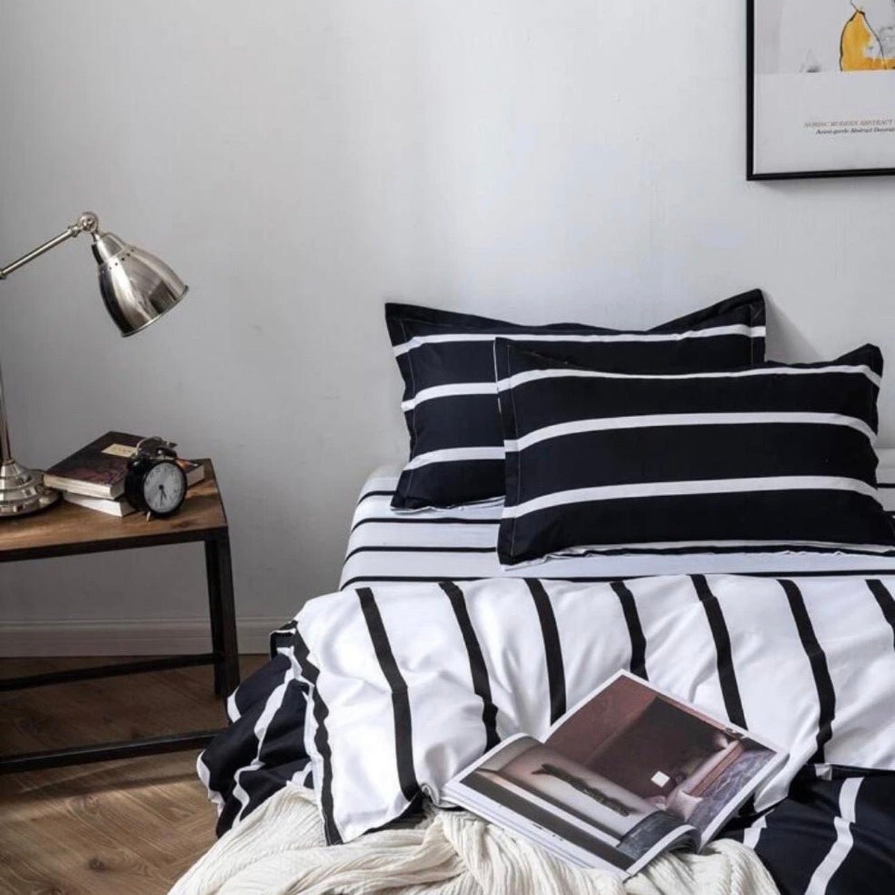 Single Size 4 Pieces set without filler, Black & White Stripe Design. - BusDeals