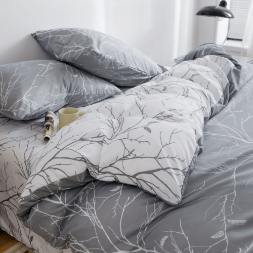 Single Size 4 pieces set without filler, Reversible Design Grey and White Sakura Duvet cover. - BusDeals