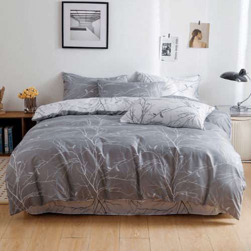 Single Size 4 pieces set without filler, Reversible Design Grey and White Sakura Duvet cover. - BusDeals