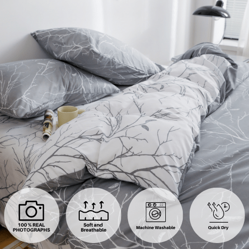 Single Size 4 pieces set without filler, Reversible Design Grey and White Sakura Duvet cover. - BusDeals