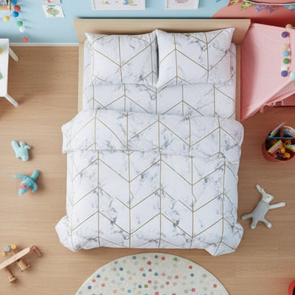 Children's bedroom with a bed, teddy bear, and colorful decor.