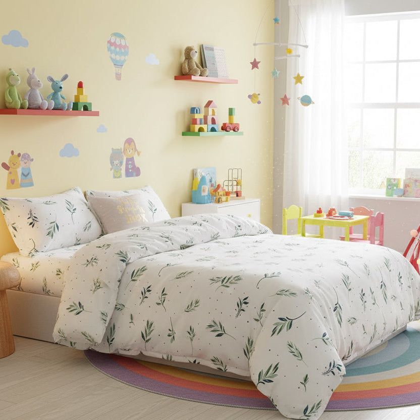 Floral patterned bedding set on a bed in a bedroom with a lamp and plant.