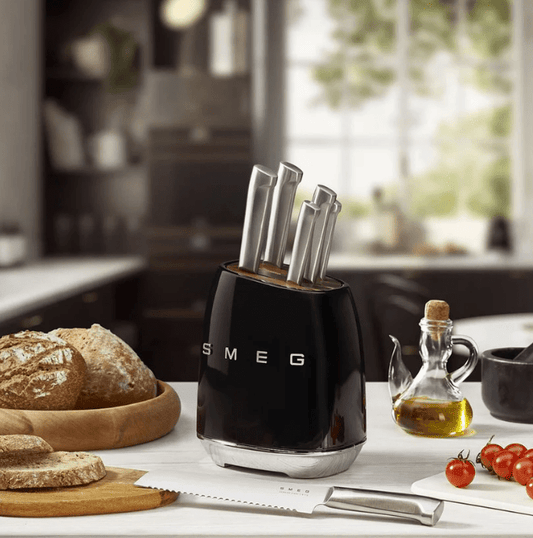 SMEG Knife Set KBSF02BL Stainless Steel Knife Block, Italian Stylish Black Finish, Durable and Sharp Blades - BusDeals