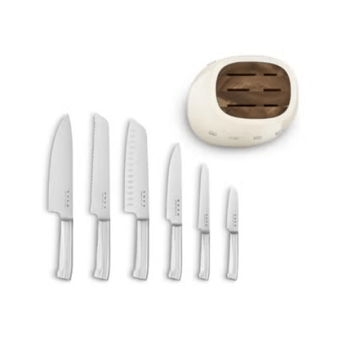 SMEG Knife Set KBSF02CR – Premium 6 - Piece Stainless Steel Knife Block, Italian Design, Ergonomic Handles, Durable and Sharp Blades, Cream - BusDeals