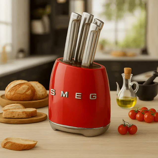 SMEG Knife Set KBSF02RD – Premium 6 - Piece Stainless Steel Knife Block, Italian Design, Ergonomic Handles, Durable and Sharp Blades, Red. - BusDeals