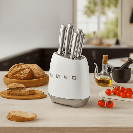 SMEG Knife Set KBSF02WH – Premium 6-Piece Stainless Steel Knife Block, Italian Design, White.