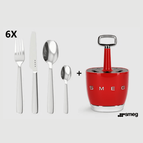 SMEG - Set for 6 person, complete set. Retro Stainless Steel Cutlery Holder for Kitchen with Knife,Fork,Spoon Red. - BusDeals