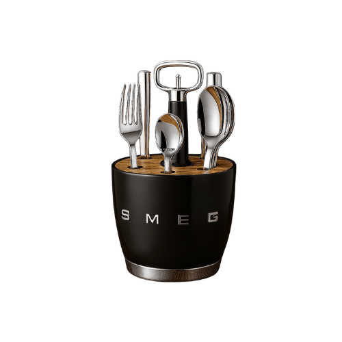 SMEG - Set for 6 person Retro Stainless Steel Cutlery Holder for Kitchen with Knife,Fork,Spoon Black. - BusDeals