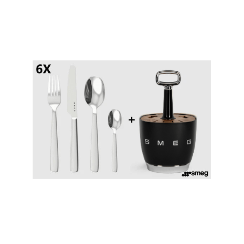 SMEG - Set for 6 person Retro Stainless Steel Cutlery Holder for Kitchen with Knife,Fork,Spoon Black. - BusDeals