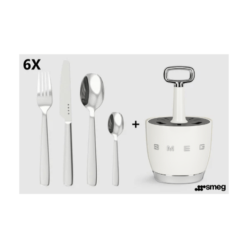 SMEG - Set for 6 person Retro Stainless Steel Cutlery Holder for Kitchen with Knife,Fork,Spoon White. - BusDeals