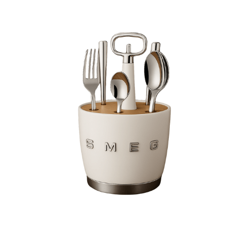SMEG - Set for 6 person Retro Stainless Steel Cutlery Holder for Kitchen with Knife,Fork,Spoon White. - BusDeals