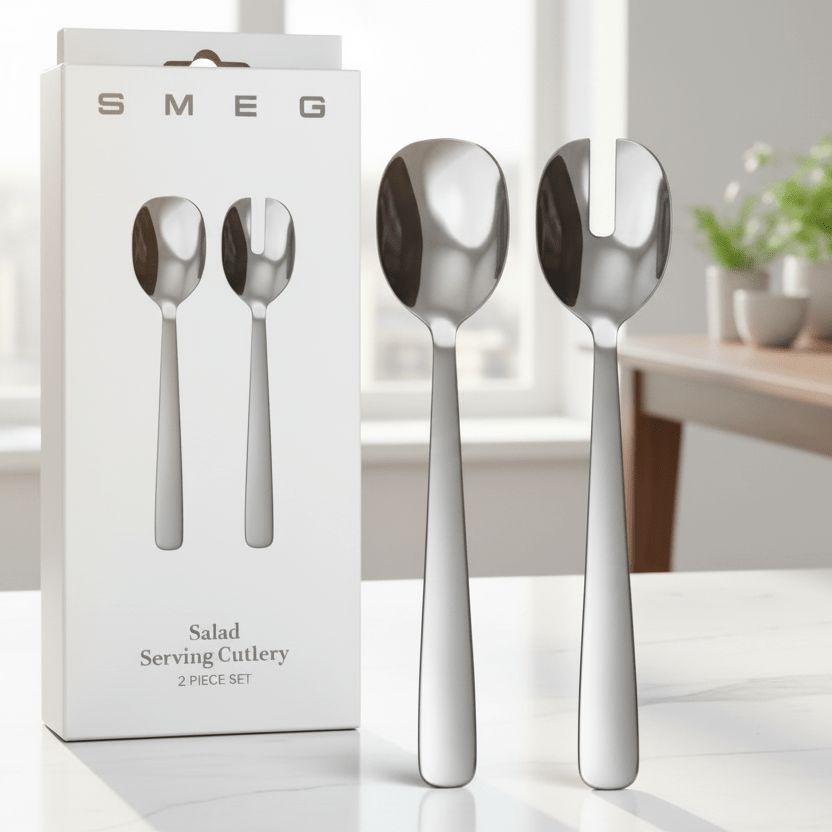 SMEG - Stainless Steel Lettuce Salat cutlery 2 Piece Set - Silver. - BusDeals