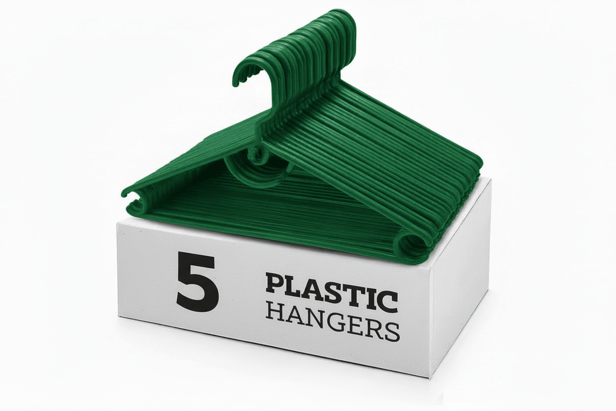 Standard Green Plastic Hangers | 5 Pieces | With Strap Hooks, Durable & Slim - BusDeals