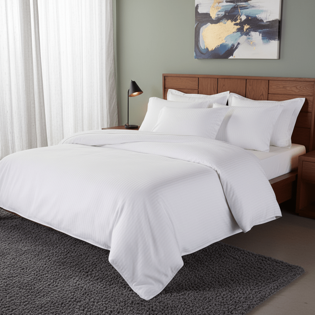 Stripped Cotton 100% King size 6 pieces, Plain white bedding set. - BusDeals