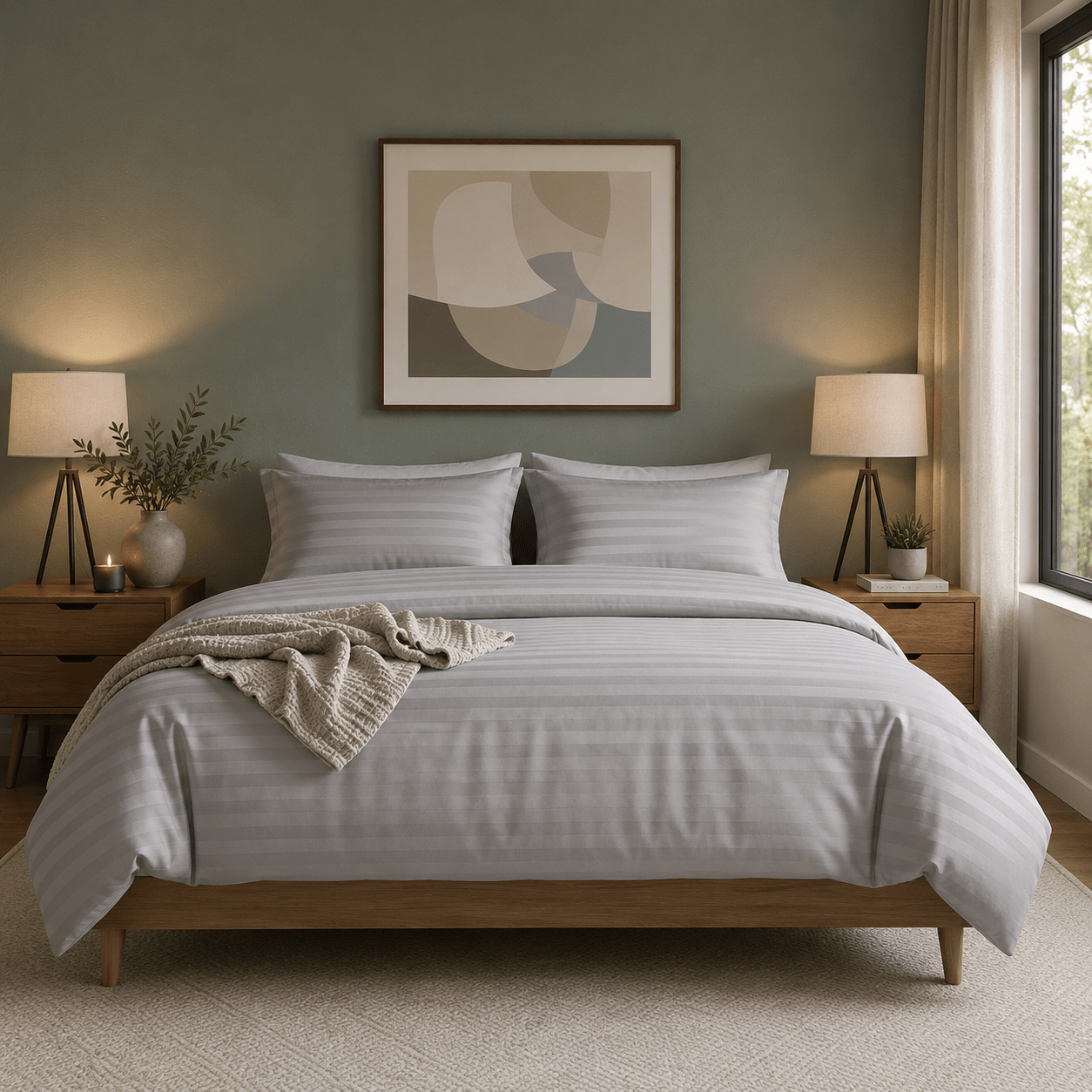 Stripped King Size 6 Pieces. Soft Embossed Striped Design, Plain grey duvet cover set - BusDeals