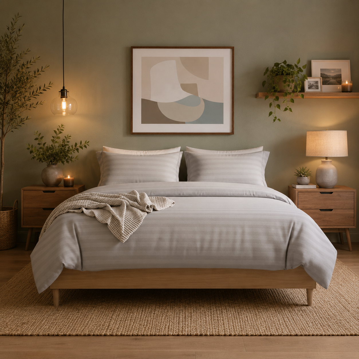 Neatly made bed in a bedroom with decor elements like lamps, plants, and wall art.