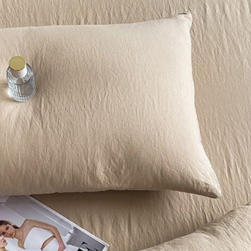 Washable Cotton 6 Pcs King Size Bedding Set. Super Soft Wrinkles fabric, Plain Beige. - BusDeals