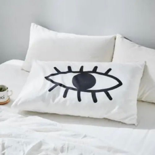 2 Pieces Set Premium Soft Quality Pillow Covers Eye Design Plain White Color - BusDeals