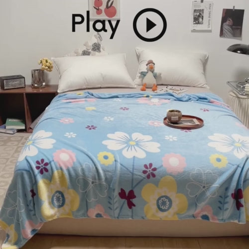 Fleece Blanket 200*230cm Super Soft Throw Sky Blue Color with Floral Design.