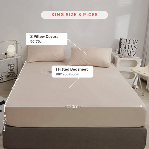 3 Pieces Fitted Bedsheet Set, Plain Beige Color, Various Sizes - BusDeals