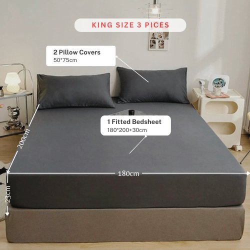 3 Pieces Fitted Bedsheet Set, Plain Black Color, Various Sizes - BusDeals