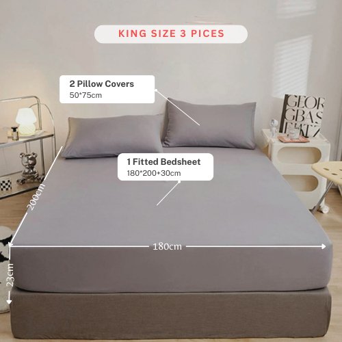3 Pieces Fitted Bedsheet Set Plain Gray Color, Various Sizes - BusDeals