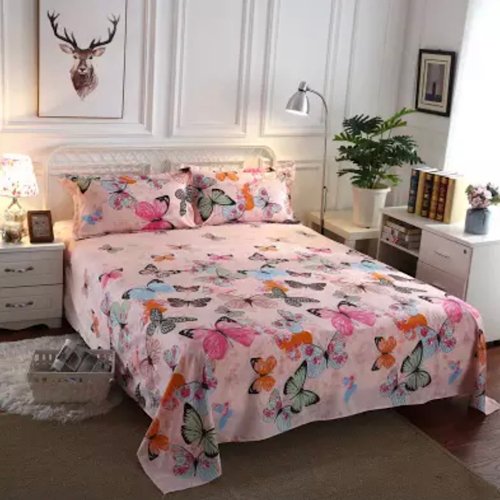 3 Pieces Flat Bedsheet Set, Pink Butterfly Design. - BusDeals