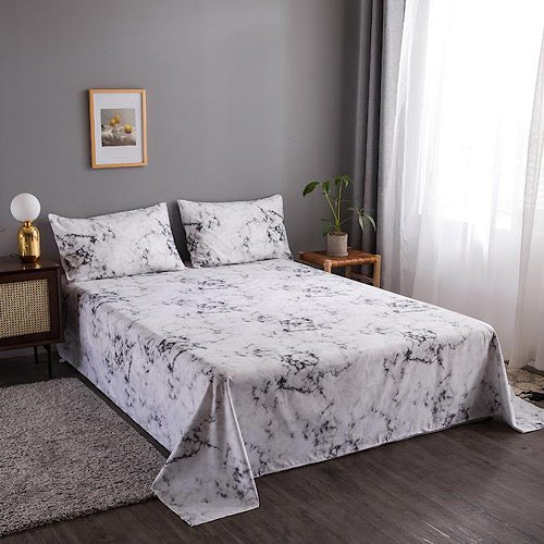 3 Pieces Bedsheet Set, White Marble Design. - BusDeals Today